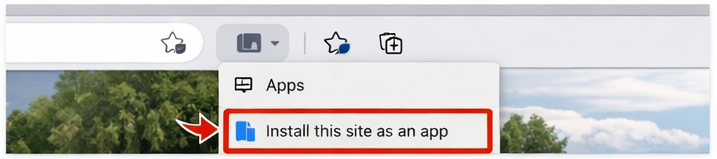Edge menu showing Install this site as an app